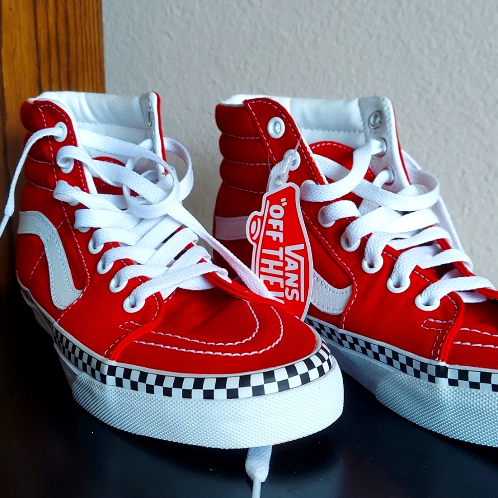 Vans Red with black and white checkered high top